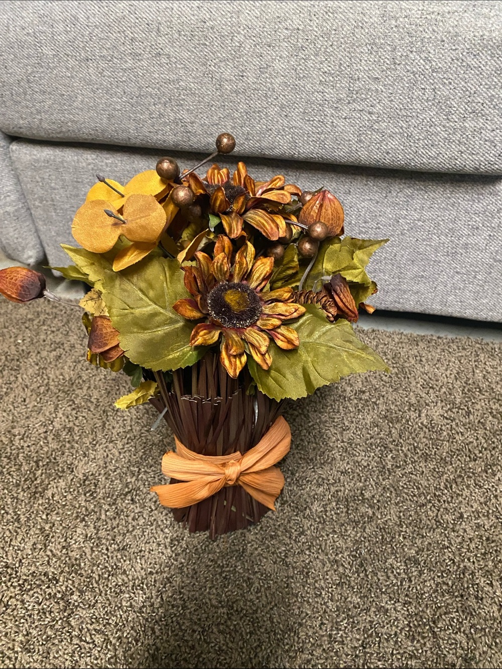 Autumn Sunflower and Leaf Home Accent Bouquet - Orange and Green